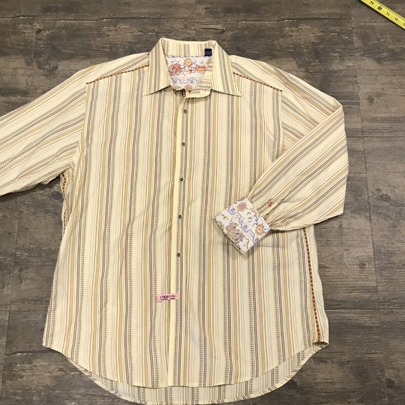 Robert Graham Button Up Shirt Mens Size XL Long Sleeves Flip Cuff Striped India - Picture 2 of 10